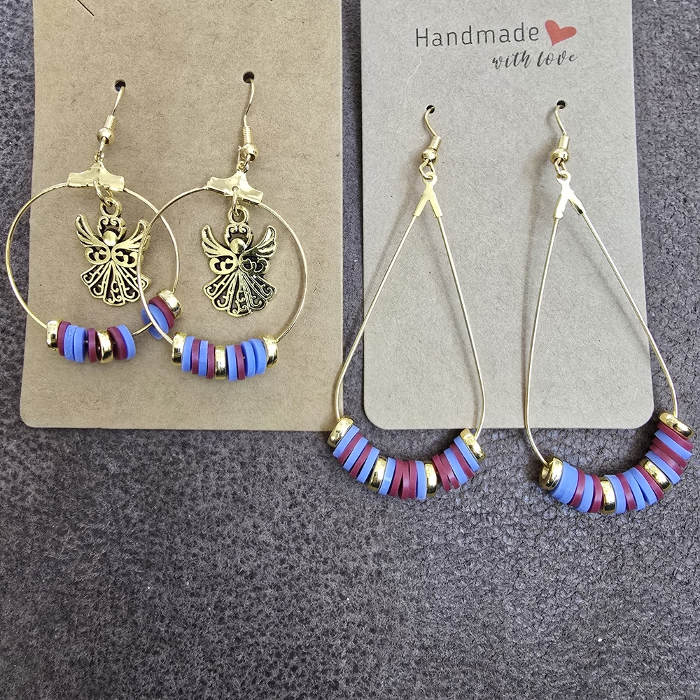 Handmade Gold, Wine And Silver Blue  Beaded Pi Beta Phi Earrings Set